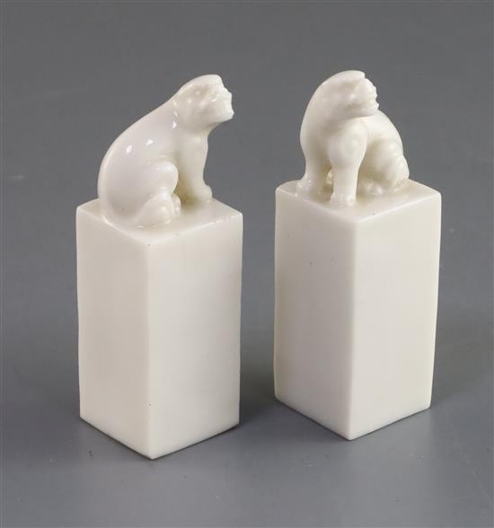 A pair of Chinese blanc de chine seals, PLEASE NOTE Republic period NOT Kangxi, H. 8cm, fitted box